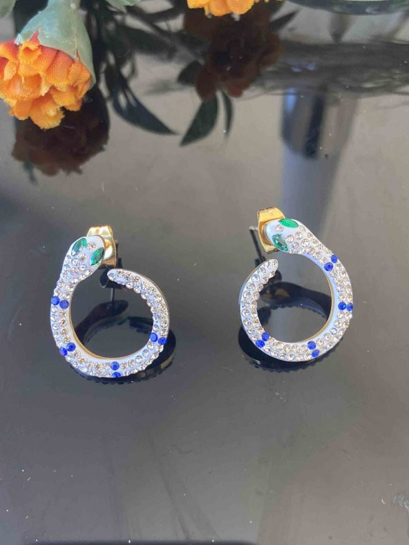 Aksesuar Çarşısı Renkli Zilkon Taşlı Yılan Küpe - Resim 3