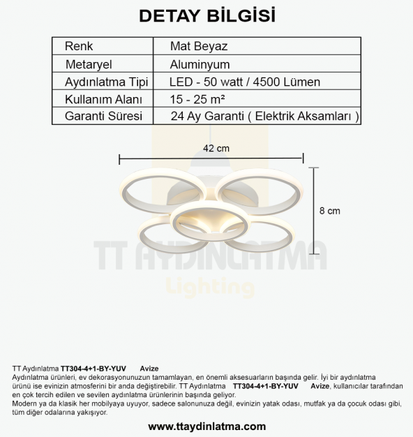 TT Aydınlatma TT304-4+1-BY YUVARLAK  Mat Beyaz 5 li Led Avize - 4