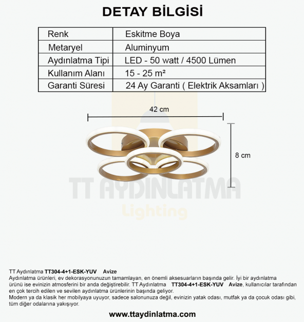 TT Aydınlatma TT304-4+1-ESK YUVARLAK  Eskitme Boyalı 5 li Led Avize - 4