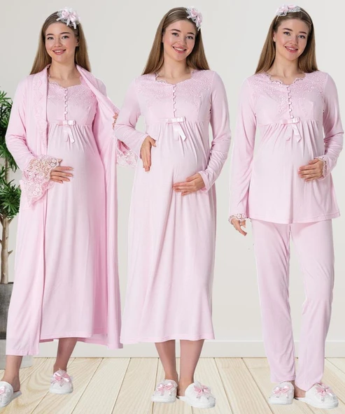 Mecit 1924 Bayan Hamile Lohusa Pembe Sabahlık Gecelik Pijama - Resim 7
