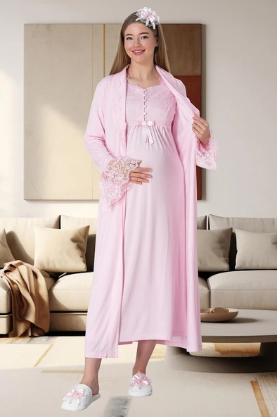 Mecit 1924 Bayan Hamile Lohusa Pembe Sabahlık Gecelik Pijama - Resim 8