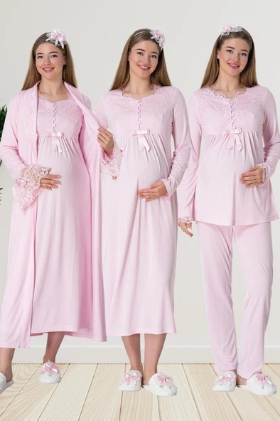 Mecit 1924 Bayan Hamile Lohusa Pembe Sabahlık Gecelik Pijama - Resim 11
