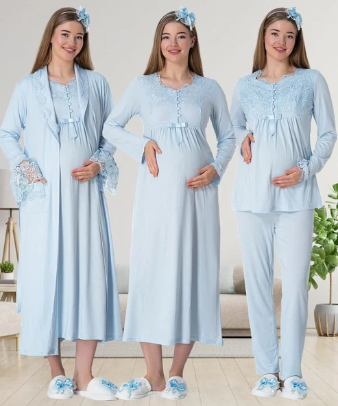 Mecit 1924 Bayan Hamile Lohusa Mavi Sabahlık Gecelik Pijama Takım - Resim 7
