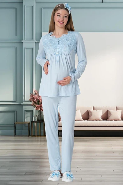 Mecit 1924 Bayan Hamile Lohusa Mavi Sabahlık Gecelik Pijama Takım - Resim 9
