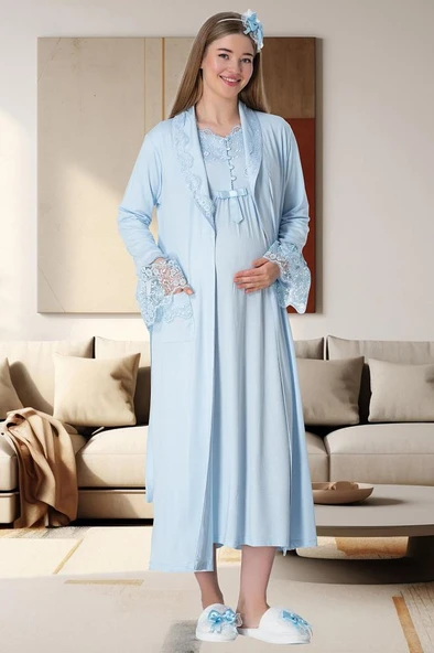 Mecit 1924 Bayan Hamile Lohusa Mavi Sabahlık Gecelik Pijama Takım - Resim 8