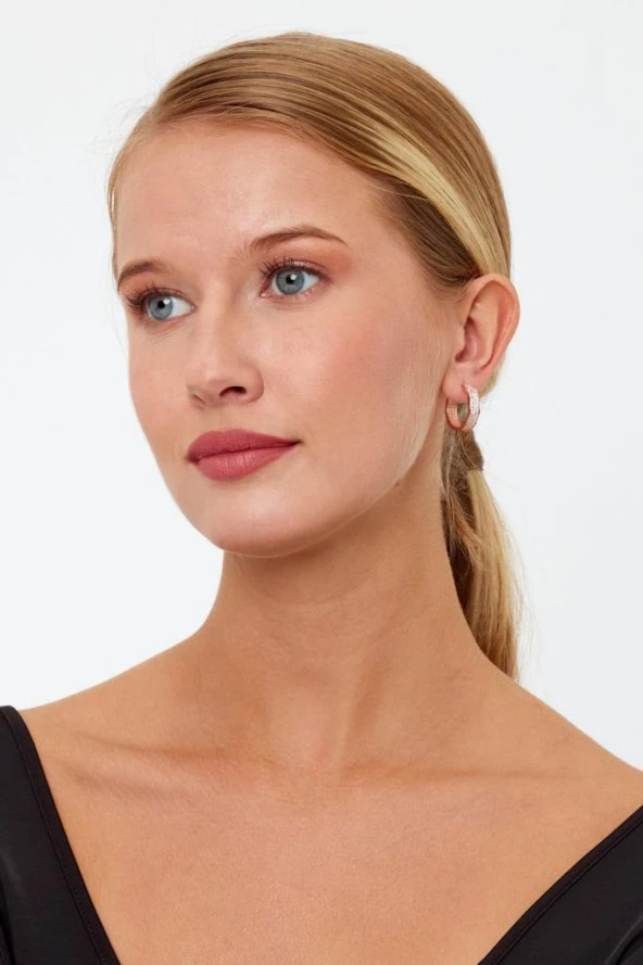 Rose Gold Renk Halka Model Taşlı Gümüş Küpe - 11