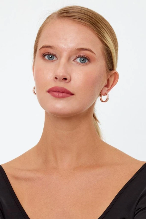 Rose Gold Renk Halka Model Taşlı Gümüş Küpe - 3