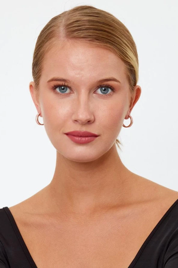 Rose Gold Renk Halka Model Taşlı Gümüş Küpe - 7