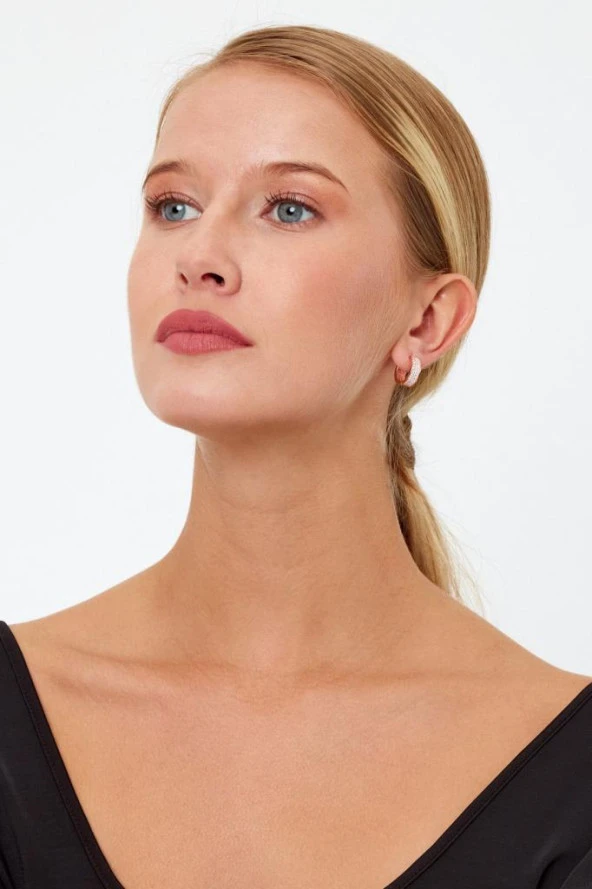 Rose Gold Renk Yuvarlak Taşlı Model Gümüş Küpe - 12