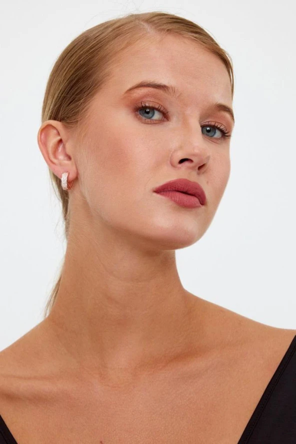 Rose Gold Renk Yuvarlak Taşlı Model Gümüş Küpe - 7