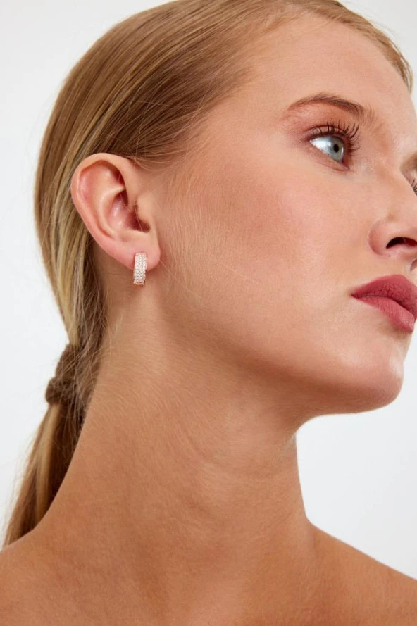 Rose Gold Renk Yuvarlak Taşlı Model Gümüş Küpe - 2