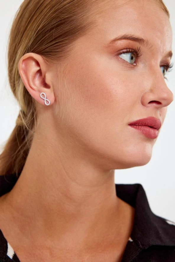 Beyaz Renk Sonsuzluk İşareti Model Gümüş Küpe - 9