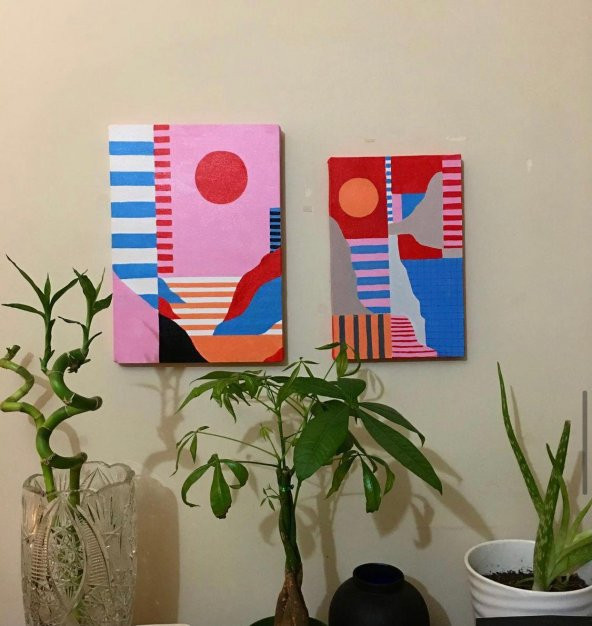 Ayşenur Aydın İmzalı El Yapımı Akrilik Tablo İkili Set 25x35 20x30