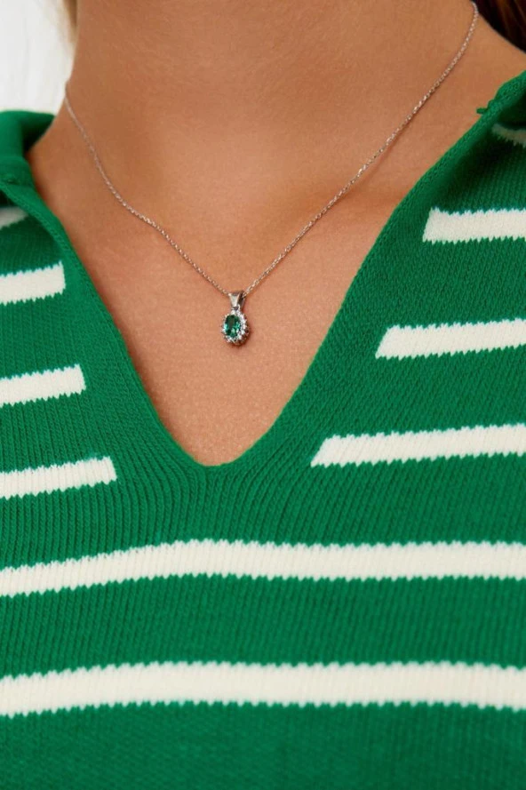 Yeşil Taşlı Gümüş Küpe ve Kolye Seti - 4