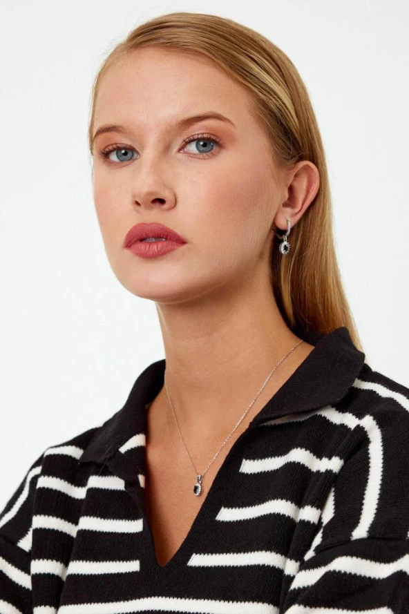 Siyah Taşlı Gümüş Küpe ve Kolye Seti - 10