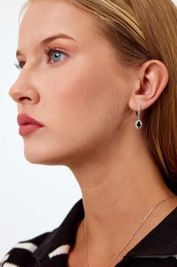 Siyah Taşlı Gümüş Küpe ve Kolye Seti - 11