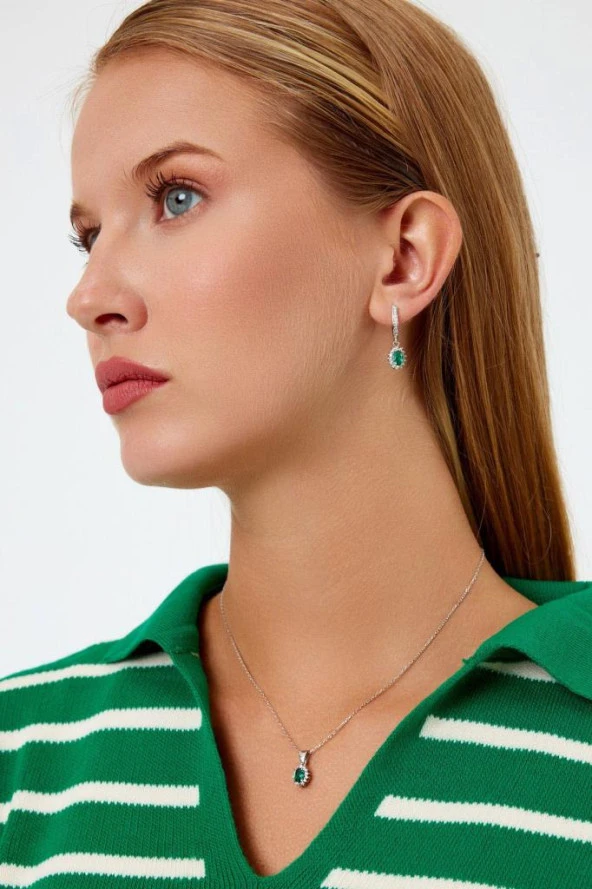 Yeşil Taşlı Gümüş Küpe ve Kolye Seti - 10