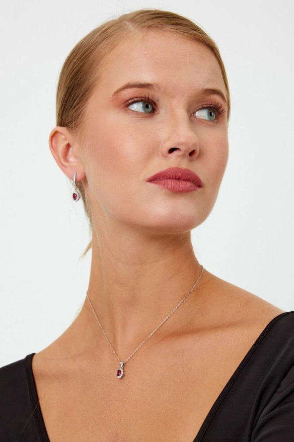 Kırmızı Taşlı Gümüş Küpe ve Kolye Seti - 2