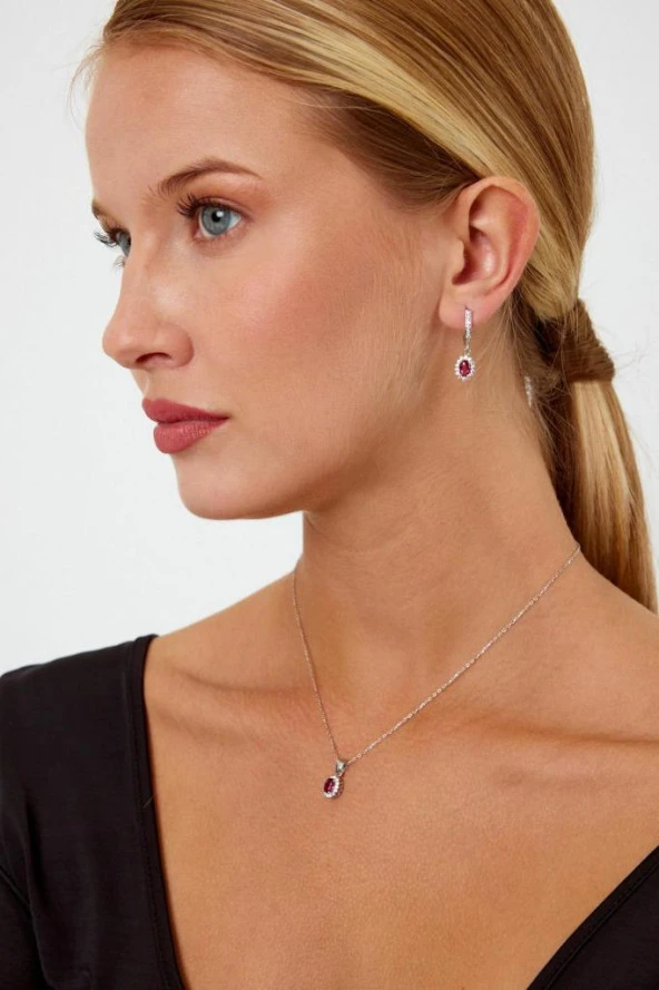 Kırmızı Taşlı Gümüş Küpe ve Kolye Seti - 3