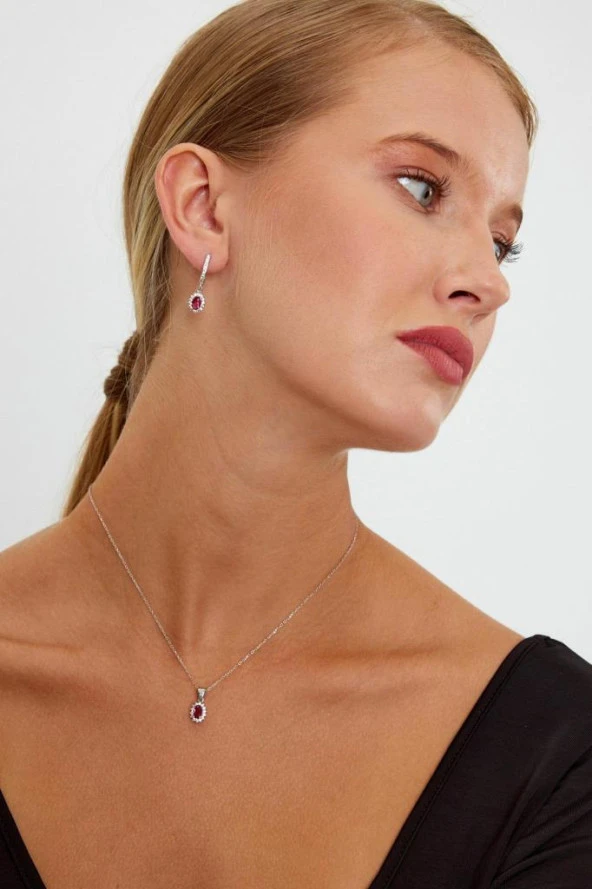 Kırmızı Taşlı Gümüş Küpe ve Kolye Seti - 12