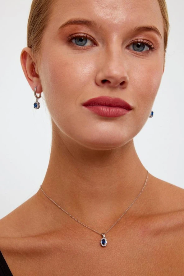 Mavi Taşlı Gümüş Küpe ve Kolye Seti - 5