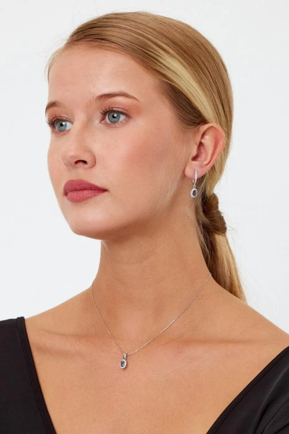 Rengarenk Taşlı Gümüş Küpe ve Kolye Seti - 9