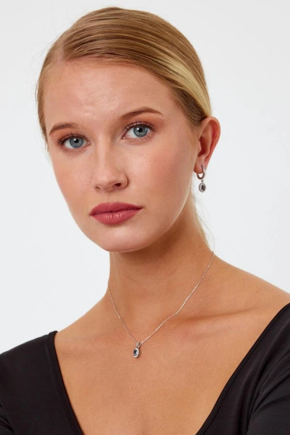 Rengarenk Taşlı Gümüş Küpe ve Kolye Seti - 10