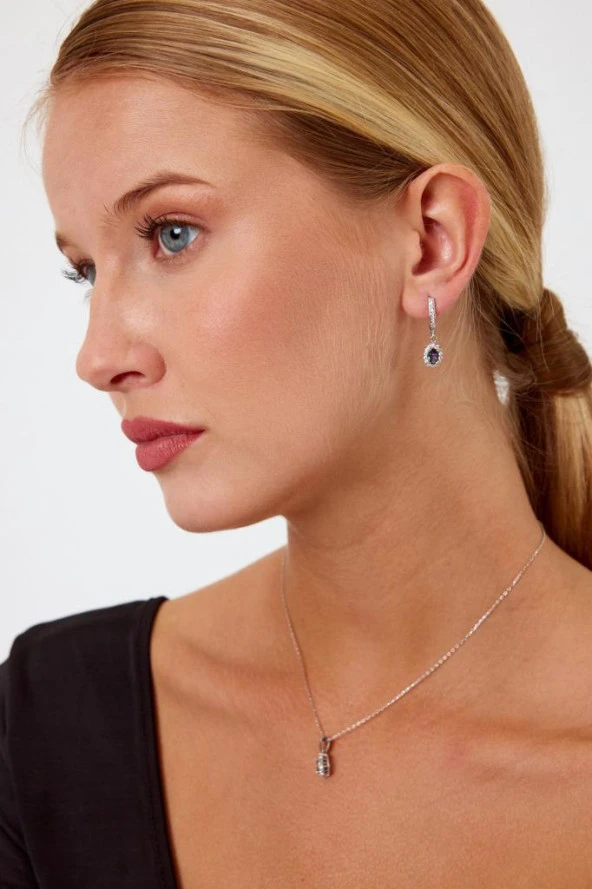 Rengarenk Taşlı Gümüş Küpe ve Kolye Seti - 11