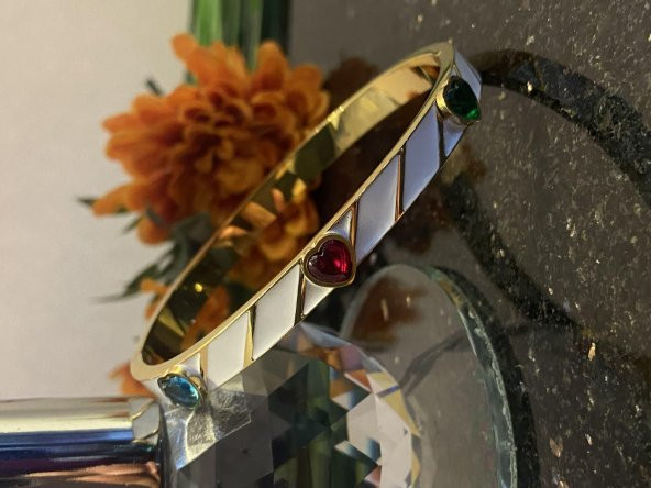 Aksesuar Çarşısı Çelik Beyaz Mineli Renkli Kalp Zirkon Taşlı Kelepçe - Resim 2