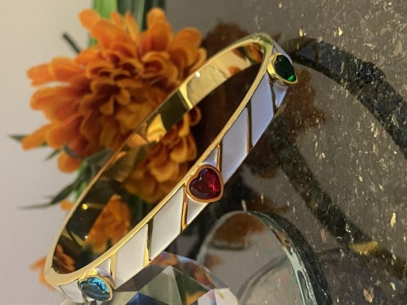 Aksesuar Çarşısı Çelik Beyaz Mineli Renkli Kalp Zirkon Taşlı Kelepçe - Resim 4