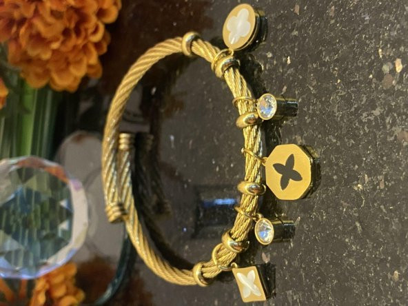 Aksesuar Çarşısı Çelik Pandora Model Hazır Yonca Detaylı Kelepçe Bileklik - Resim 3