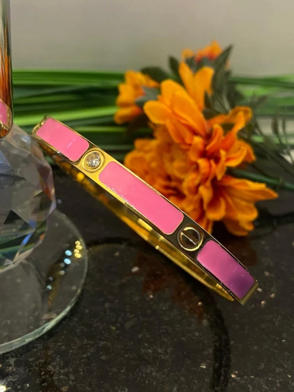 Aksesuar Çarşısı Çelik Pembe Mineli Vida Ve Zirkon Taş Tasarımlı Kelepçe Bileklik - Resim 2