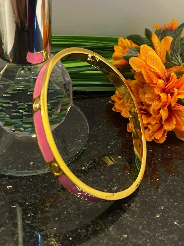 Aksesuar Çarşısı Çelik Pembe Mineli Vida Ve Zirkon Taş Tasarımlı Kelepçe Bileklik - Resim 3