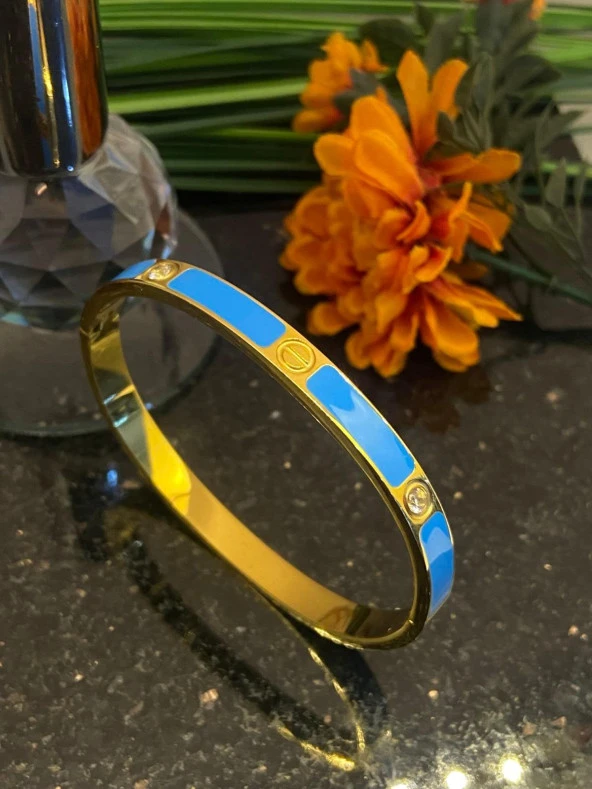 Aksesuar Çarşısı Çelik Mavi Mineli Vida Ve Zirkon Taş Tasarımlı Kelepçe Bileklik - Resim 2