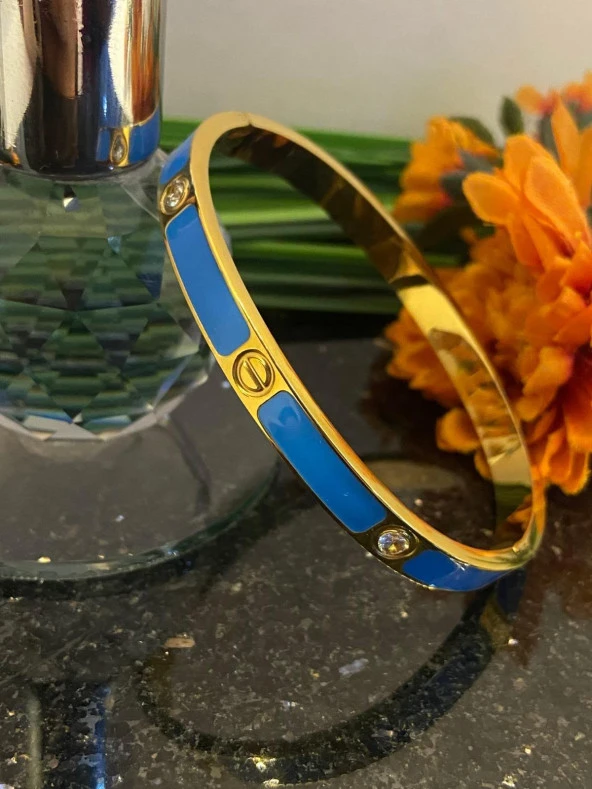 Aksesuar Çarşısı Çelik Mavi Mineli Vida Ve Zirkon Taş Tasarımlı Kelepçe Bileklik - Resim 3