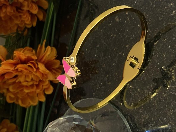 Aksesuar Çarşısı Çelik Pembe Kelebek Tasarımlı Kelepçe Bileklik - 3