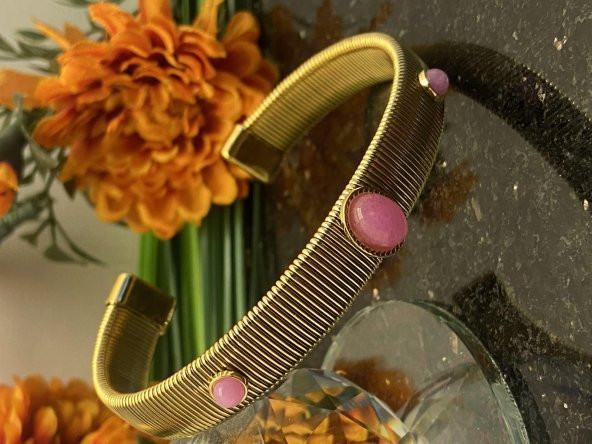 Aksesuar Çarşısı Çelik Pembe Damla Taşlı Gas Bileklik - Resim 3