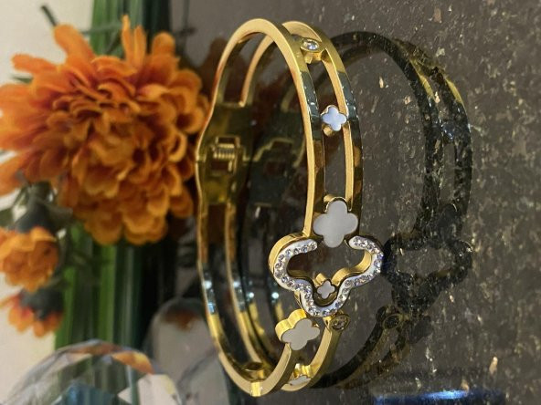 Aksesuar Çarşısı Çelik Özel Tasarım Yoncalı Zirkon Taşlı Kelepçe Bileklik - Resim 3