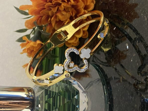 Aksesuar Çarşısı Çelik Özel Tasarım Yoncalı Zirkon Taşlı Kelepçe Bileklik - Resim 4