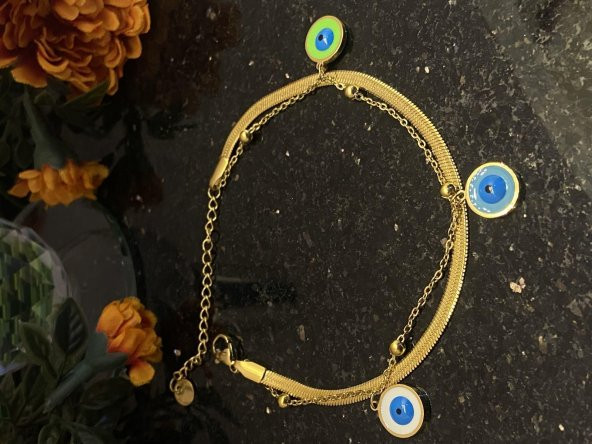 Aksesuar Çarşısı Çelik İtalyan Zircir VE Burgu Zincir Tasarımlı Üç Mineli Nazar Boncuk Bileklik ürün görseli