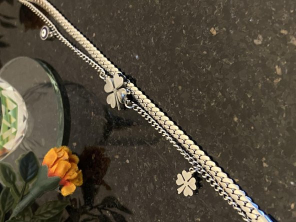 Aksesuar Çarşısı Çelik Çift Zincir Tasarımlı Yonca Detaylı Bileklik  Silver - 2