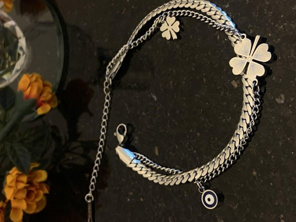 Aksesuar Çarşısı Çelik Çift Zincir Tasarımlı Yonca Detaylı Bileklik  Silver - 3