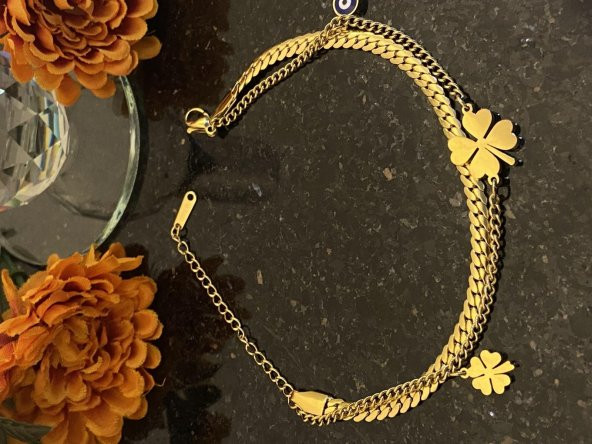 Aksesuar Çarşısı Çelik Çift Zincir Tasarımlı Yonca Detaylı Bileklik  gold ürün görseli