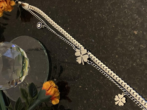 Aksesuar Çarşısı Çelik Çift Zincir Tasarımlı Yonca Detaylı Bileklik  Silver - 4