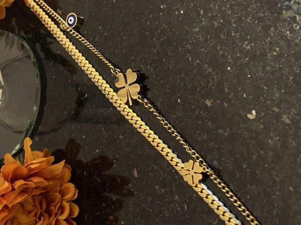 Aksesuar Çarşısı Çelik Çift Zincir Tasarımlı Yonca Detaylı Bileklik  gold - Resim 2