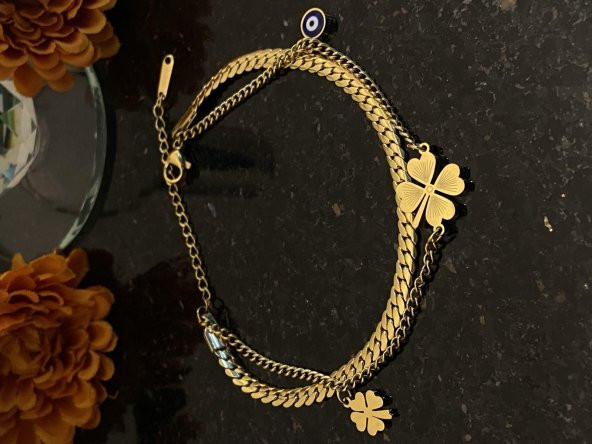 Aksesuar Çarşısı Çelik Çift Zincir Tasarımlı Yonca Detaylı Bileklik  gold - Resim 3