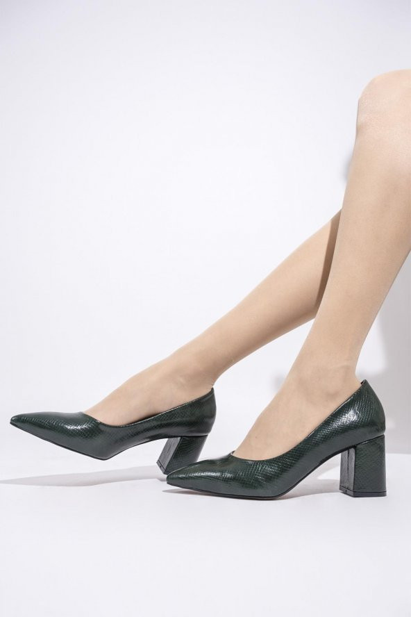 Modabuymus Marla Yeşil Krok Baskılı Kalın Topuklu Stiletto Ayakkabı