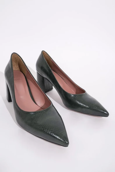 Marla Yeşil Krok Baskılı Kalın Topuklu Stiletto Ayakkabı - 4
