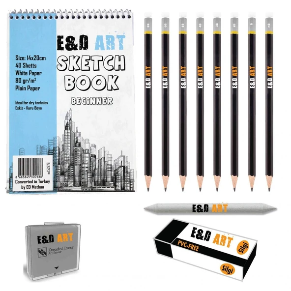 E&D Art Sanatsal Eskiz Başlangıç Seti (e&d art beginner + 8 dereceli kalem + hamur silgi+ 1 adet pastel dağıtıcı + silgi)