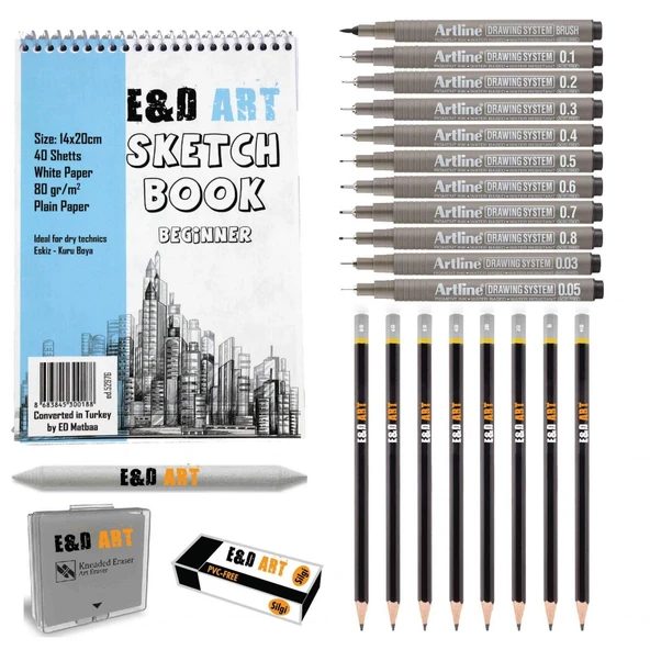 E&D Art Sanatsal Eskiz ÇİZİM SETİ (e&d art beginner + 8 dereceli kalem + drawing 11'li  + hamur silgi+ 1 adet pastel dağıtıcı + silgi)